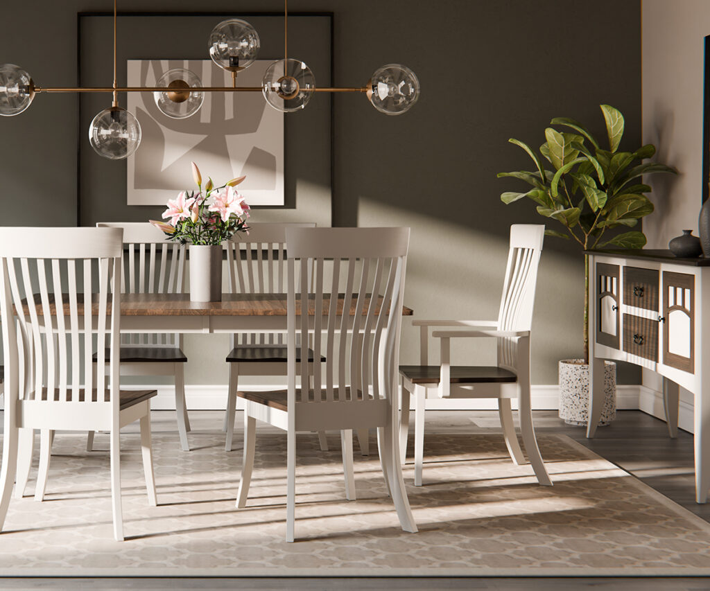 Dining room furniture with white table, slat-back chairs, and matching storage cabinet