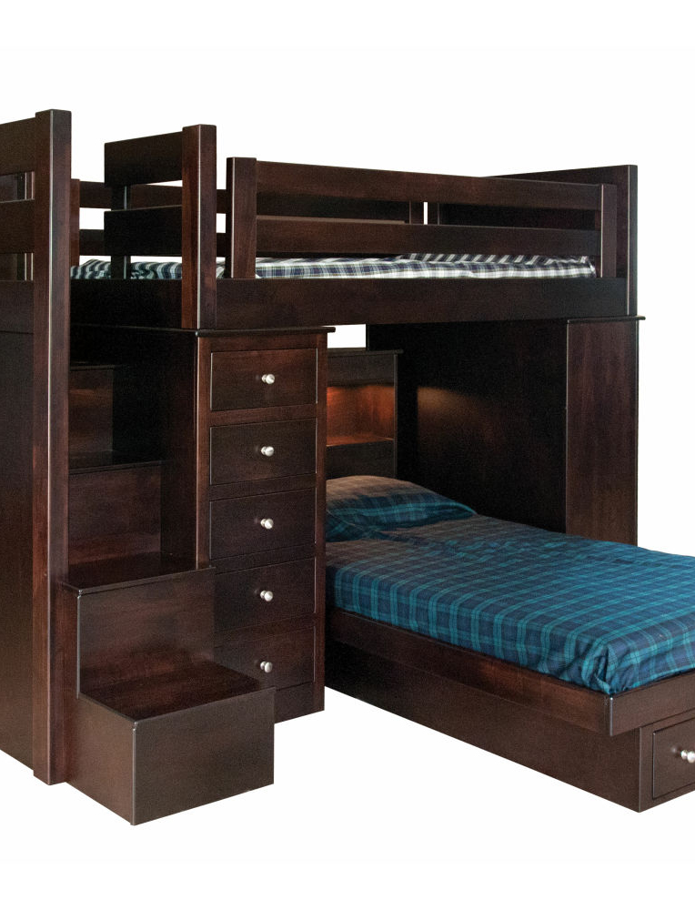 A handcrafted Amish loft bed with a rich dark wood finish, featuring built-in steps with drawers and a lower twin bed. A functional and stylish furniture piece available at one of the finest Amish stores in Hamptonville, NC.