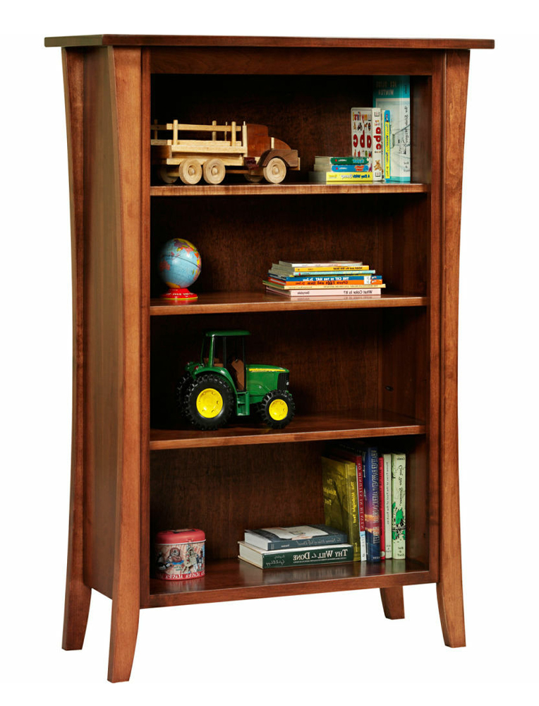 A handcrafted wooden Amish bookcase featuring four shelves with toys, books, and decor, showcasing a natural wood finish and slightly flared legs. This elegant storage piece highlights the fine furniture available at one of the finest Amish stores in Hamptonville, NC.