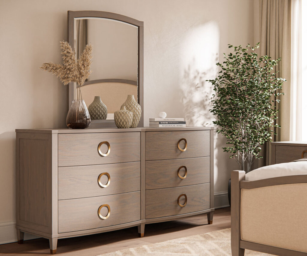 Modern wood dresser with round brass handles in the perfect bedroom.