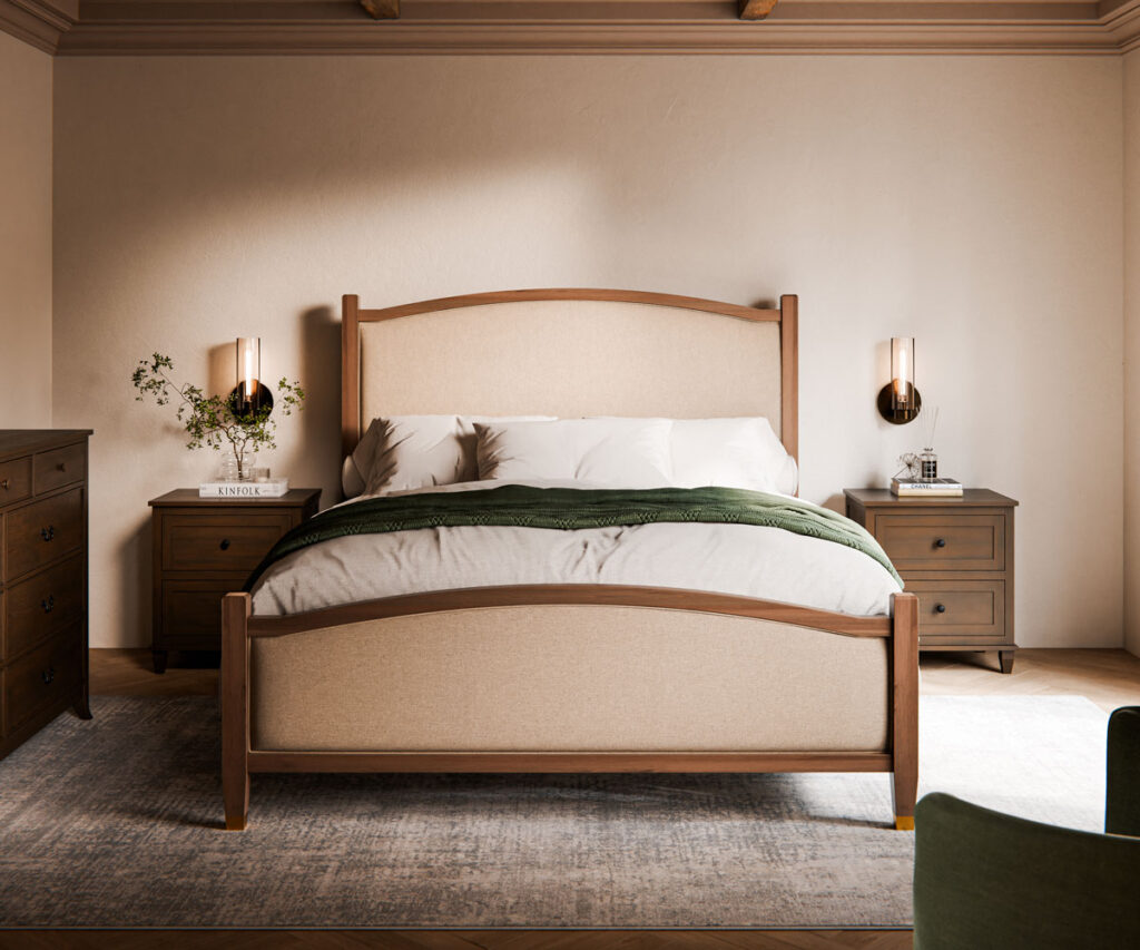 Elegant hardwood bed with matching nightstands in the perfect bedroom setup.