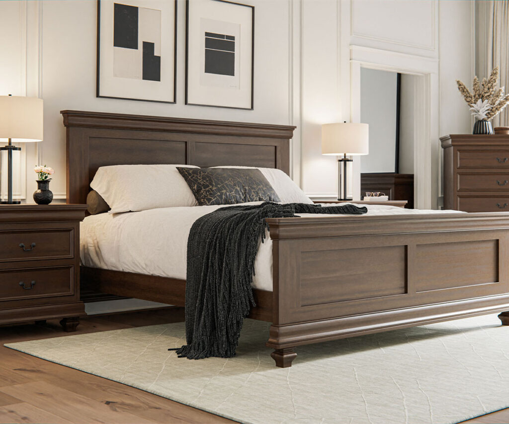 Classic dark wood bed and nightstands in the perfect bedroom.