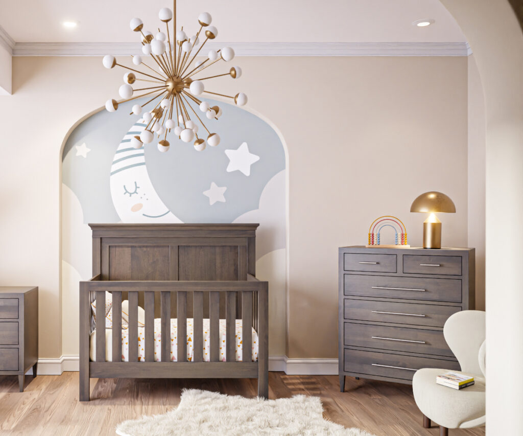 Modern wood crib and dresser in the perfect bedroom for a baby.