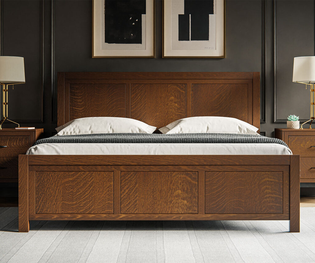 Quarter-sawn oak bed with clean lines in the perfect bedroom.