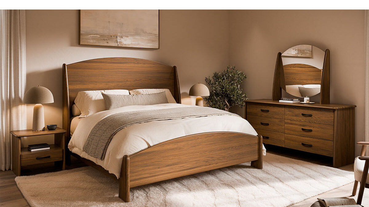 Mid-century wood bedroom set with soft tones