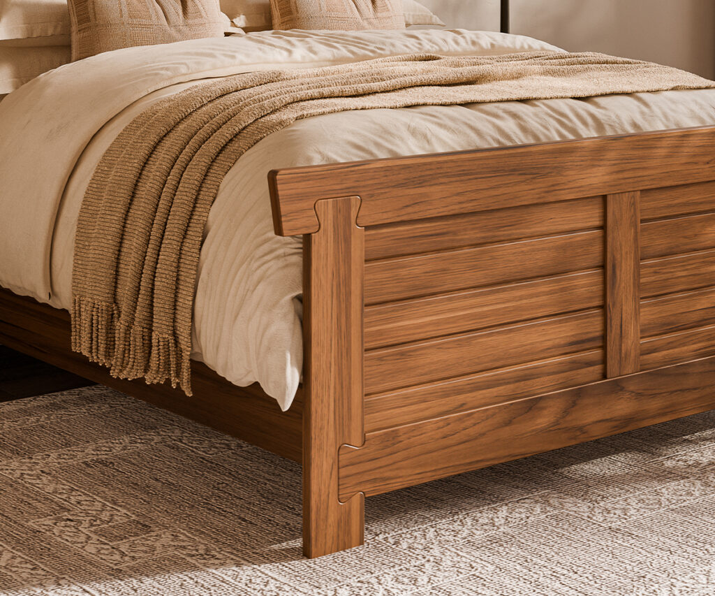 Close-up of solid wood bed footboard showing Amish joinery and hardwood craftsmanship
